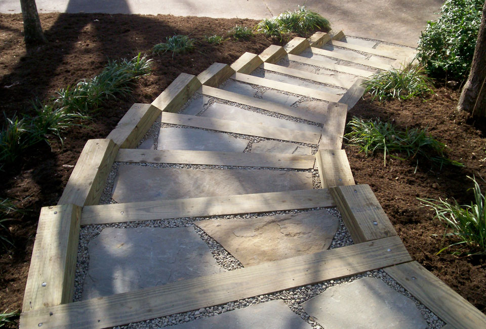 Pressure Treated Landscape Timbers used as Borders & Platforms for Curving Stairway w/ PA Bluestone Flooring & Delaware Valley River Rock Pebbles