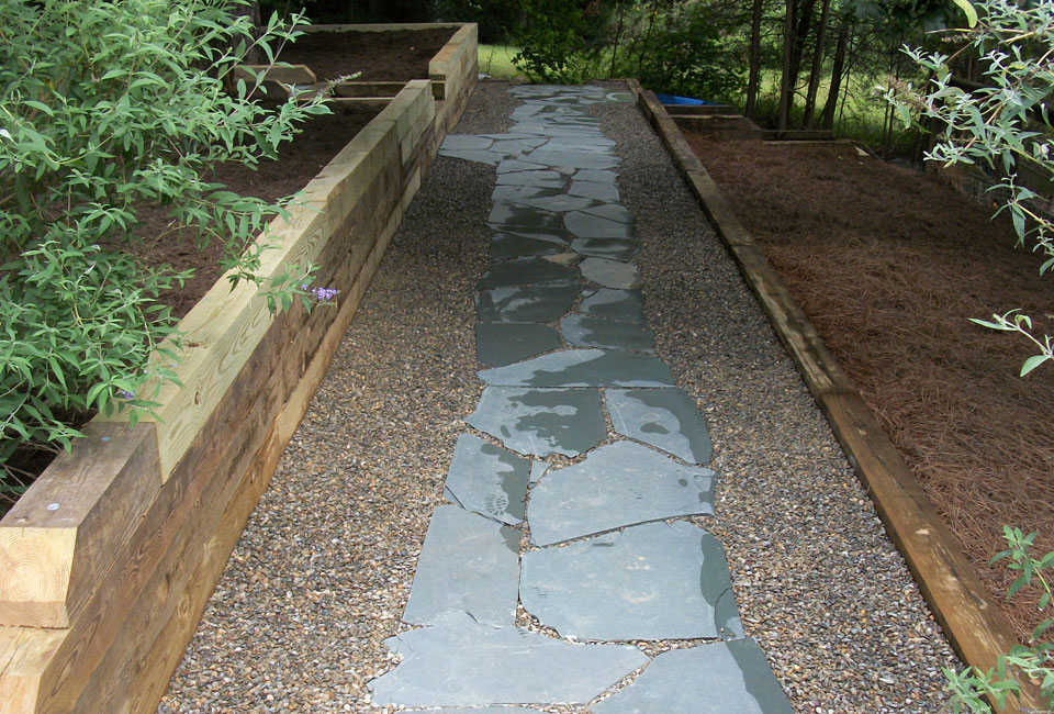 Pressure Treated Landscape Timber Retaining Walls & Borders for 'Nor-Carla' Bluestone Flagstone Walkway set in Delaware Valley Pea Gravel