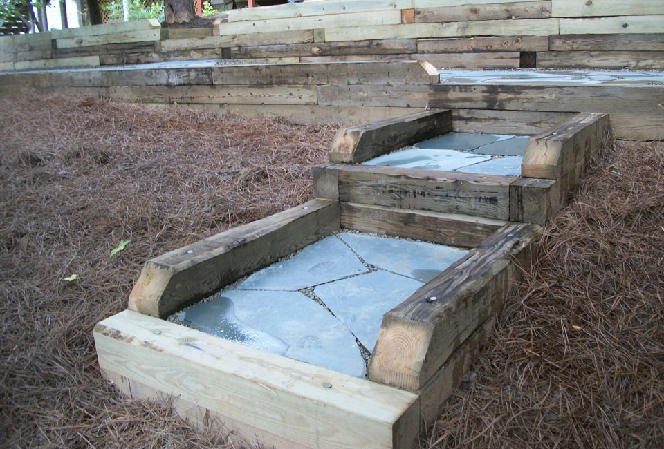 Timber Platform Stairs w/ 'Nor-Carla' Bluestone Flagstone Flooring leading up to main Flagstone Walkway & Upper Stairs through Timber Retaining Wall