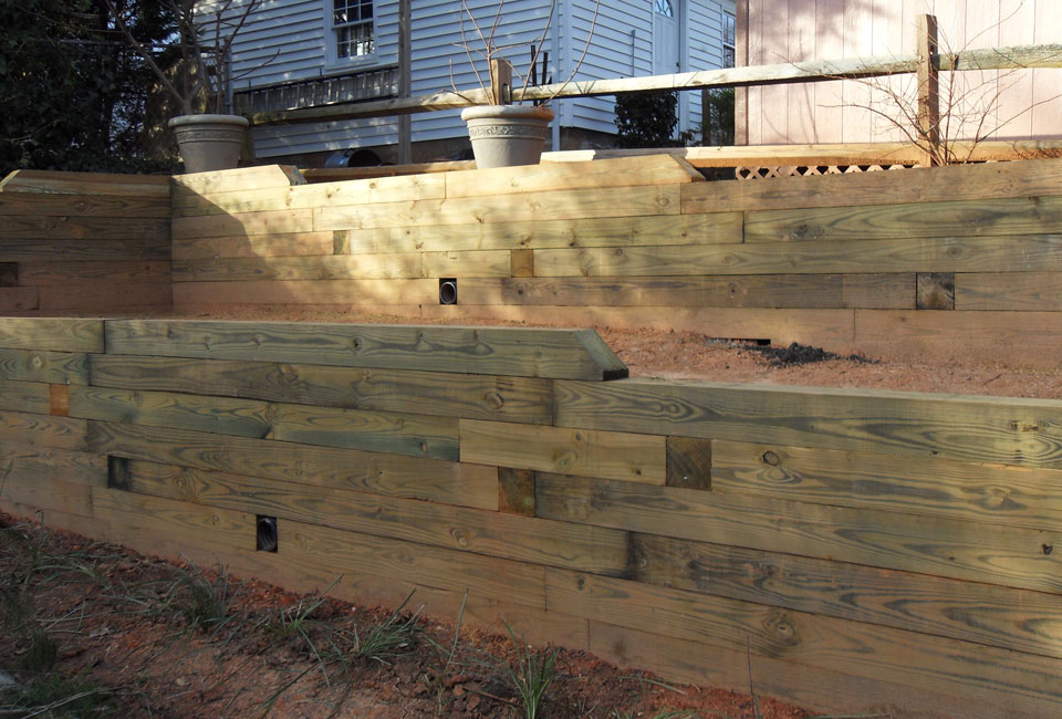 Multi-Level Timber Tiered Retaining Walls for Terracing & Enclosing Upper Back Yard