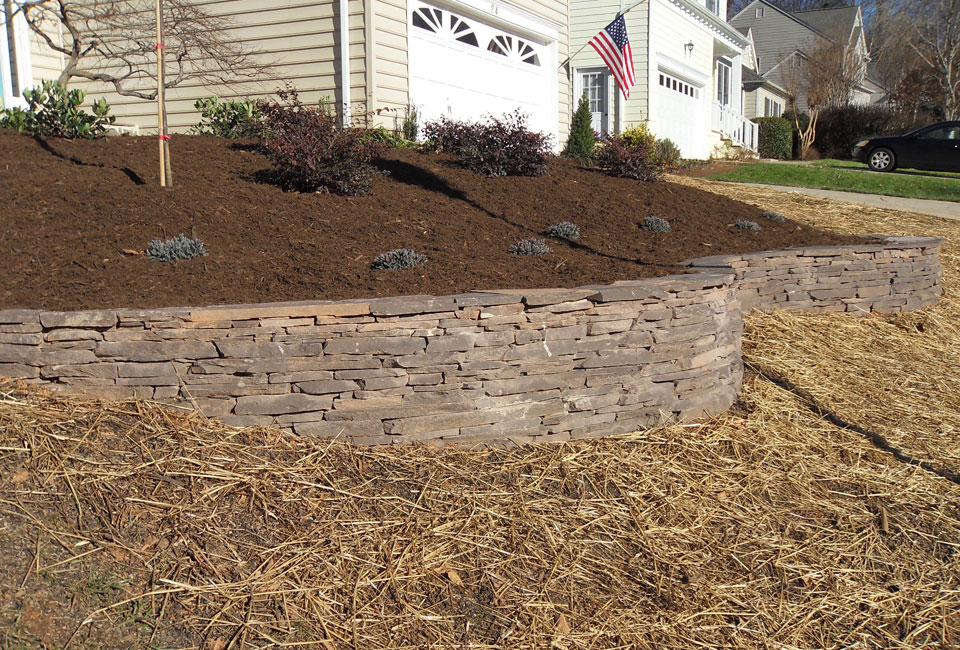 'Colonial Lilac' PA Bluestone Curving 'Half Figure Eight' Mortared Retaining Wall holding Hillside Planting Beds above in Aged Hardwood Mulch