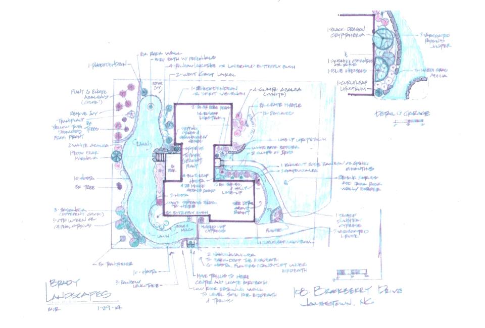 Another quality Landscape Design Graphic w/ a blown up view of a Detailed Front Entrance Bed w/ Stone Borders, Tree & Shrubbery Installation, Groundcover & Boulders, & both Annual & Perennial Seasonal Color