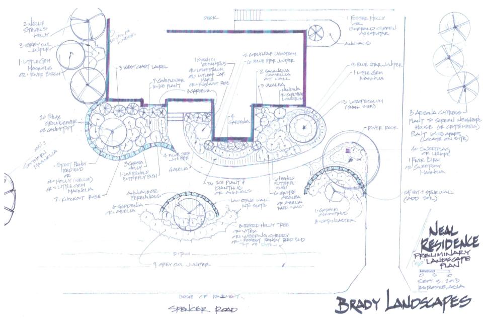 Preliminary Landscape Design Plan to scale featuring Stone Retaining Walls, Tree & Shrubbery Installation, Groundcover & River Rock Beds w/ both Perennial & Annual Seasonal Color
