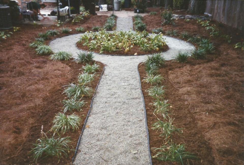 Traditional English Garden Design featuring simply Hosta & Liriope Groundcover w/ Gray Pea Gravel Pathway Bordered w/ Aged Hardwood Mulch & Pine Needle