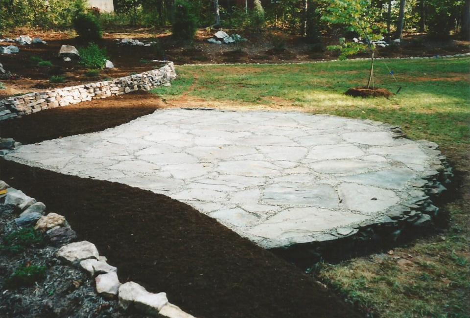 Irregular Cut ~ Thick PA Bluestone Patio w/ PA Stepping Stones & NC Dry Stack Boulders as background wall