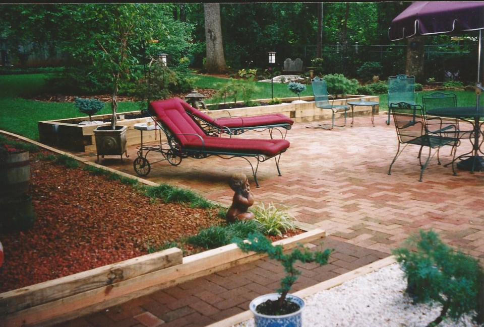 'Herringbone' Paver Brick Patio & Walkway w/ Timber Borders & Free Standing Timber Retainer / Planter in background