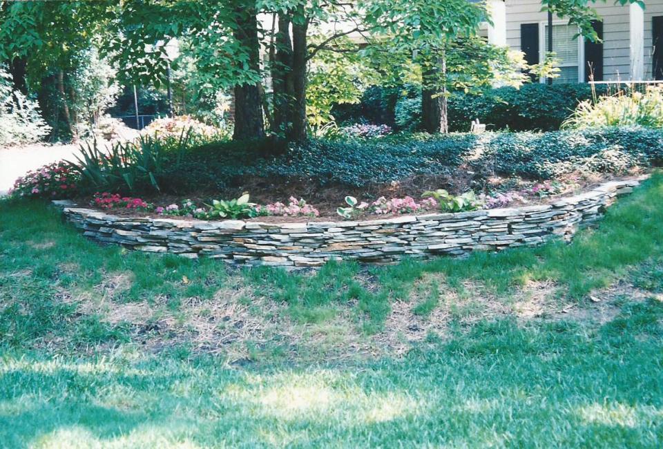 NC Blueridge Thin Veneer Dry Stack Retaining Wall w/ Hosta & Seasonal Color, Begonias & Petunias Inside Retaining Wall