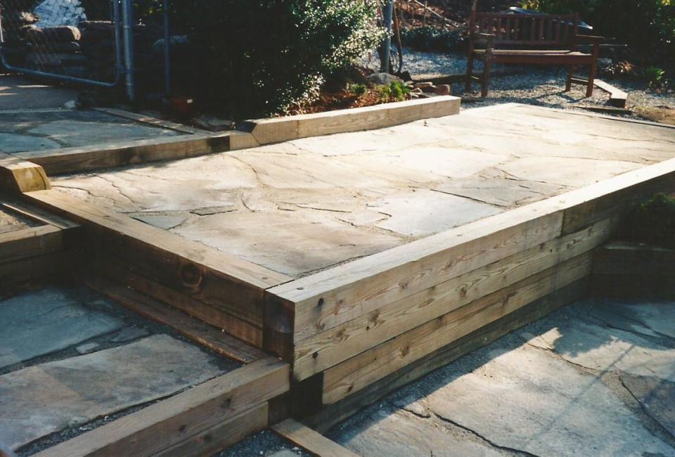 Pressure Treated Landscape Timber Retaining Walls as Terraces & Platform Stairs w/ PA Bluestone Stone Flooring