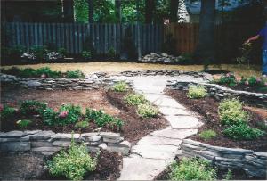 PA Bluestone Flagstone walkway through PA Fieldstone Retaining Walls & Beds w/ Evergreen & Flowering Shrubbery & Trees