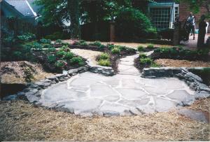 Overview of PA Bluestone Flagstone Patio & Walkway leading back towards Brick Courtyard w/ Columns & Wrought Iron Fencing