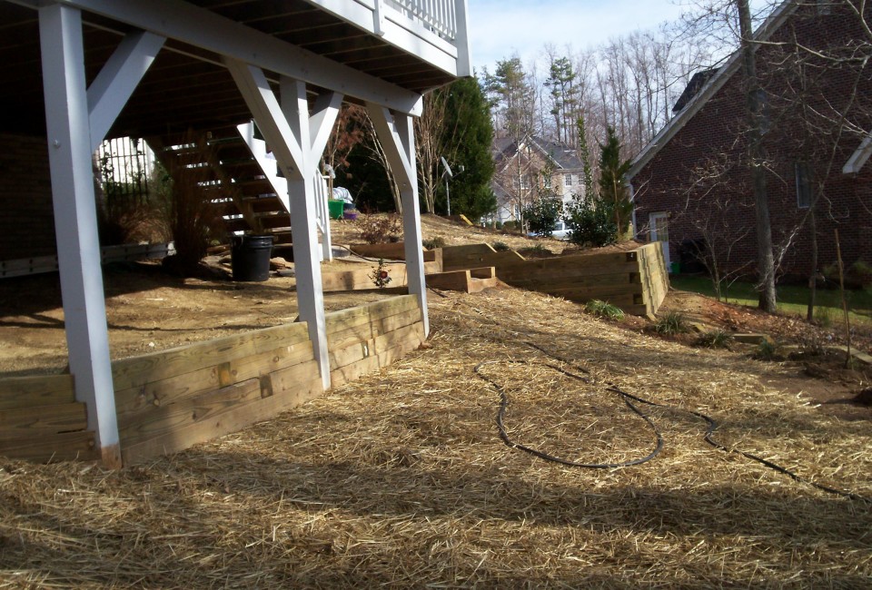 Backyard Extension & Deck Support Retaining Walls w/ Shrubbery Bed Borders