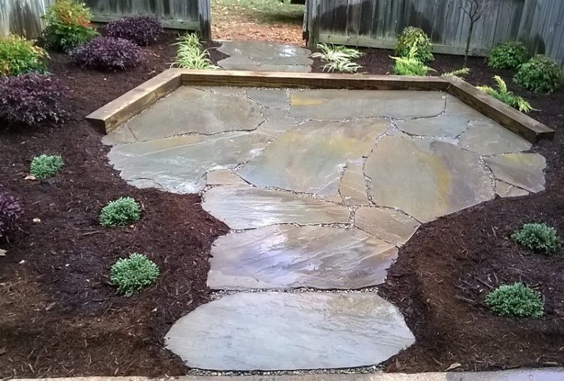 PA Bluestone Walk & Patio w/ Timber Retainer in Townhouse Backyard Landscape w/ Shrubbery Bed & Trees