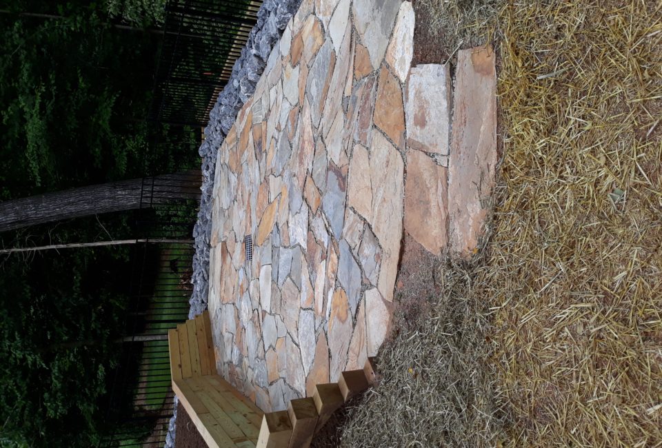 Mojave or NC Velvet Gray Thick Flagstone w/ Pressure Treated Timber Retaining Wall Surrounded by Dry Creek Beds & Mulch