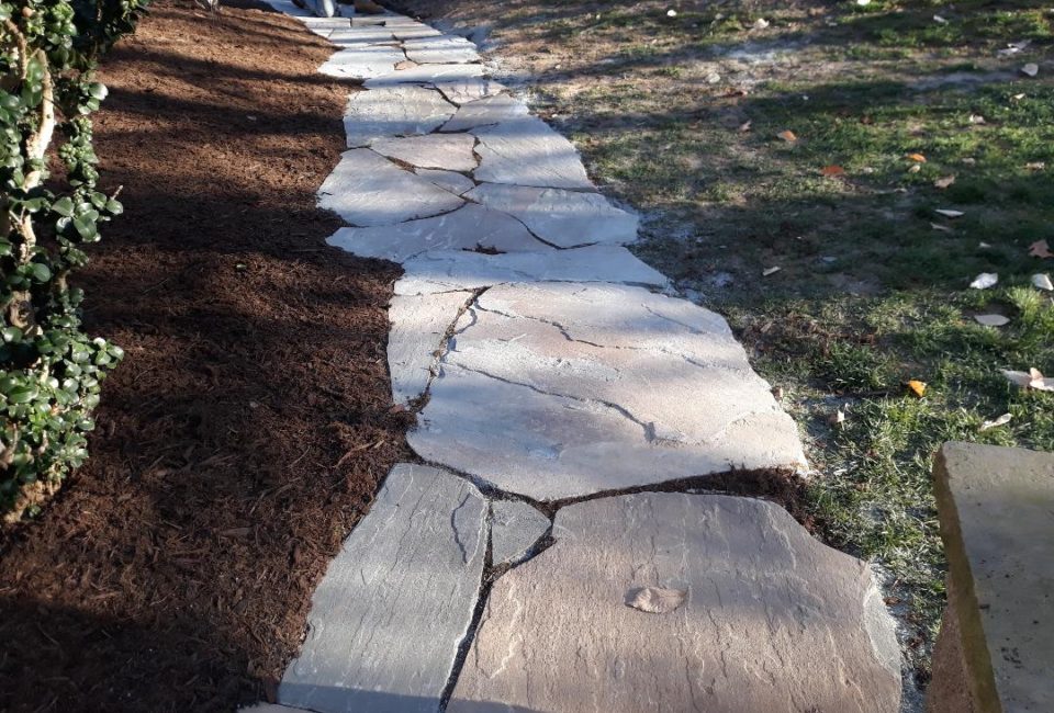 Natural PA Bluestone Irregular Cut Thick w/ Catch Basin Drainage System in Center of Walkway